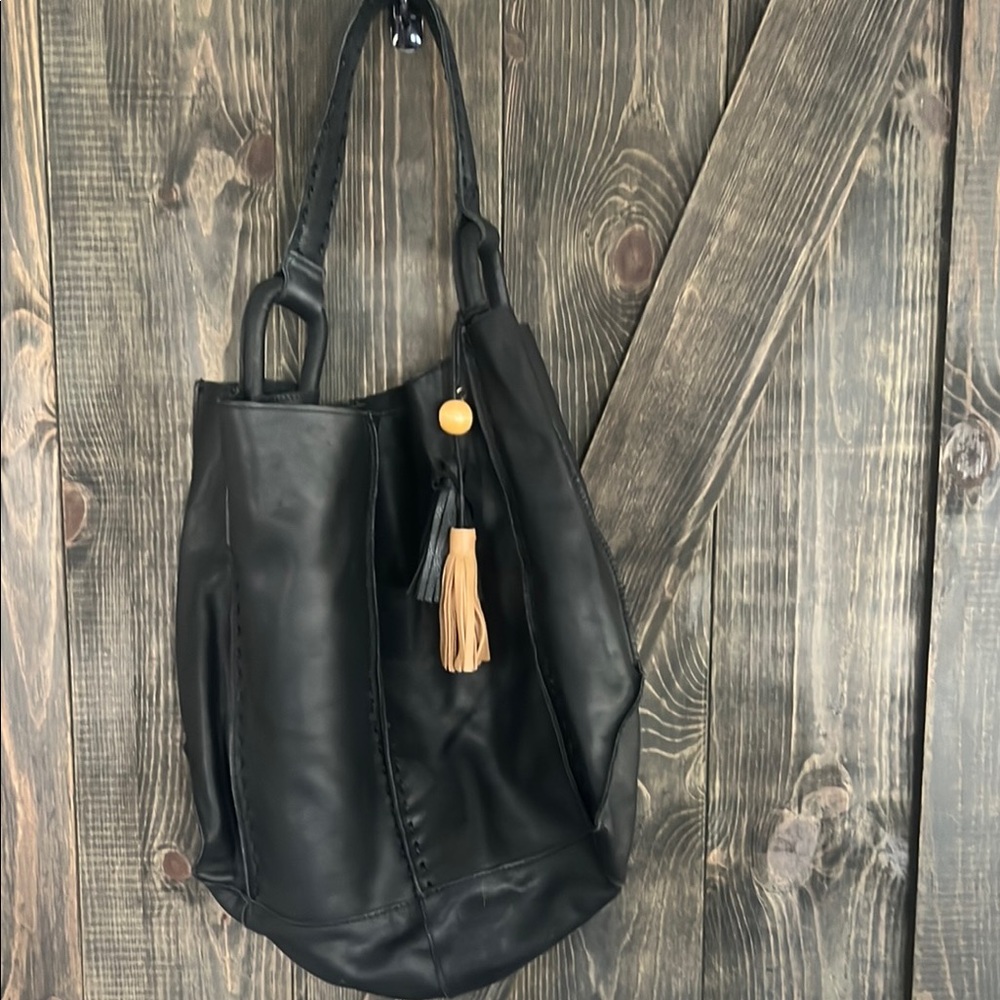 Saks Fifth Avenue Black Leather Hobo Bag with Tassel